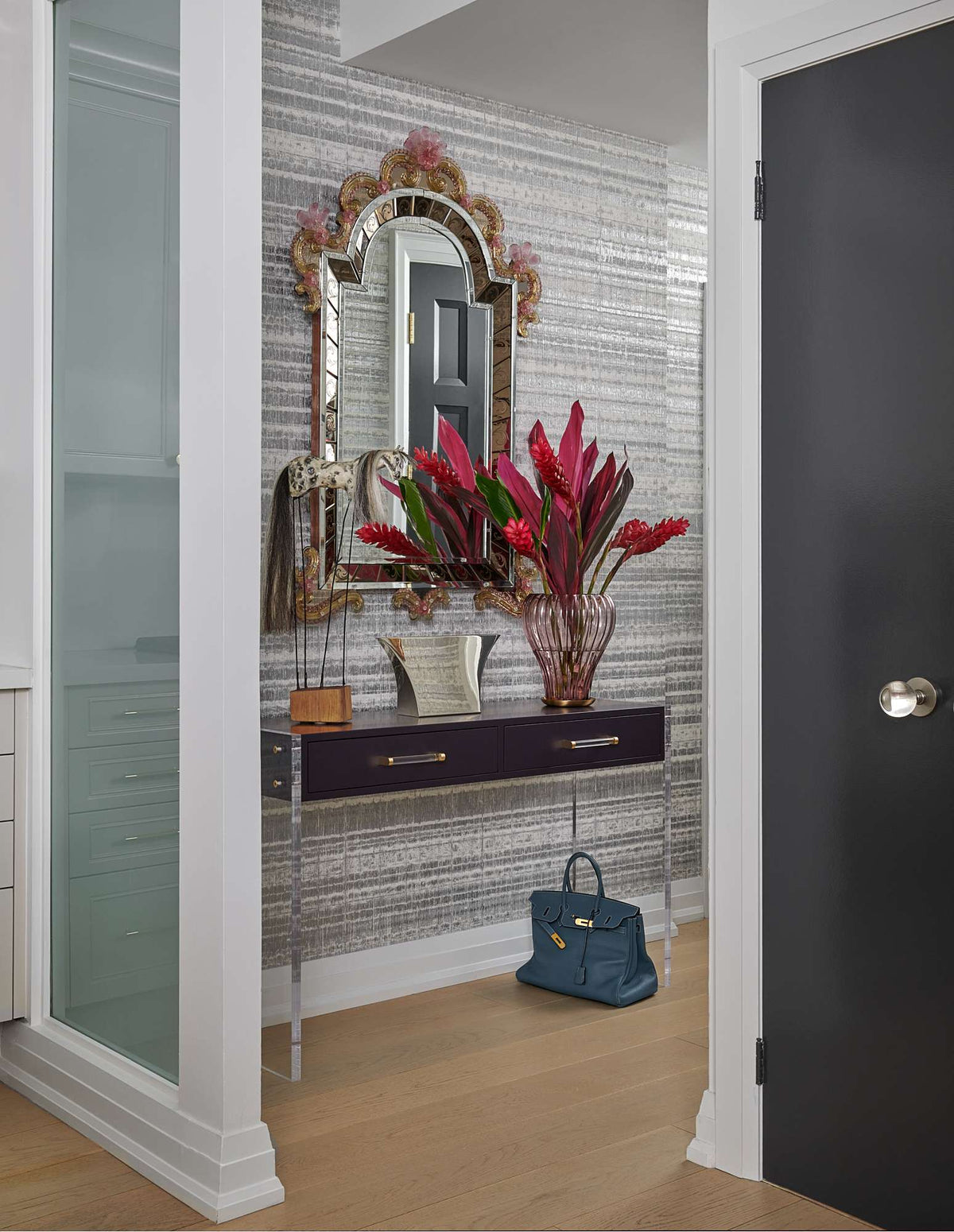 Luxury Entry Way  Interior By Homekin Featuring console table and mirror