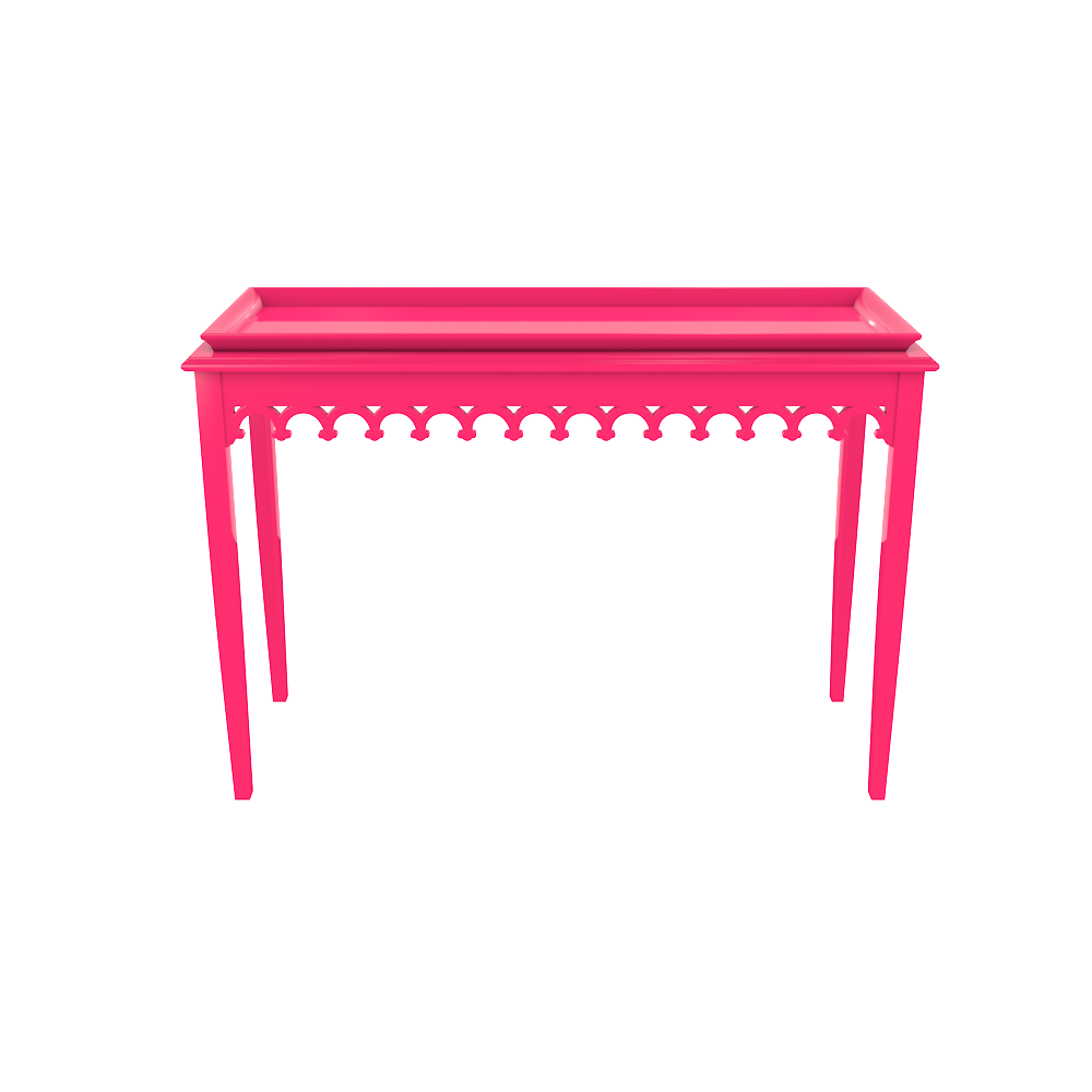 Bright pink lacquer console with scalloped edger foyer entry