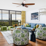 Blue green and yellow coastal home with patterned fabric and colorful decor Naples Florida