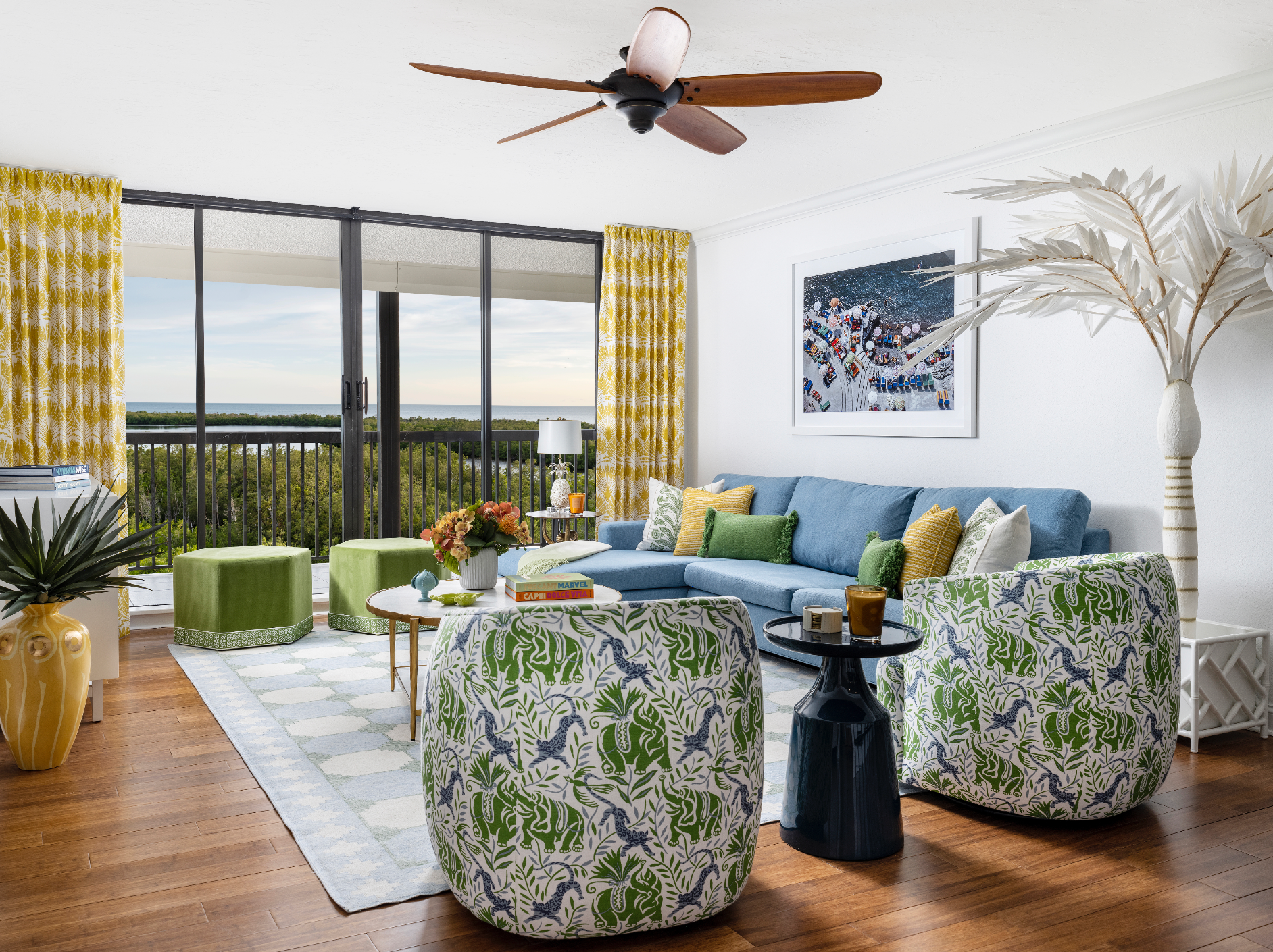 Blue green and yellow coastal home with patterned fabric and colorful decor Naples Florida